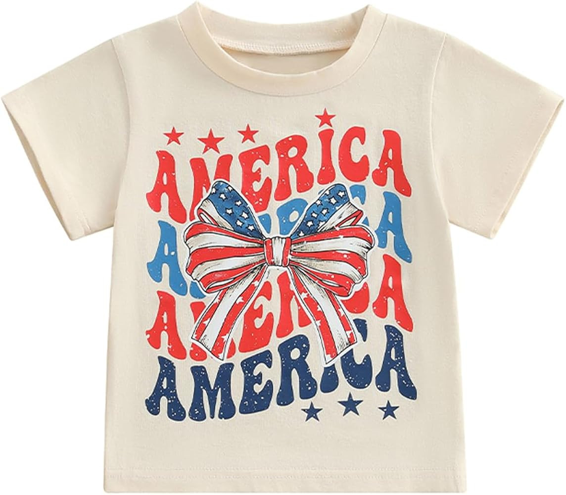 Kids Toddler Girls 4th of July T-Shirt Short Sleeve Patriotic Coquette Bow American Flag Independ... | Amazon (US)