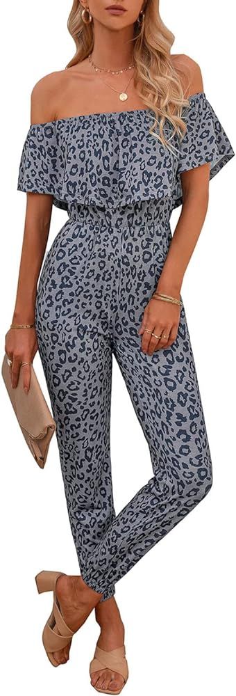 PRETTYGARDEN Jumpsuits for Women Dressy Summer Off Shoulder Elastic Waist Casual Long Pants Rompers  | Amazon (US)