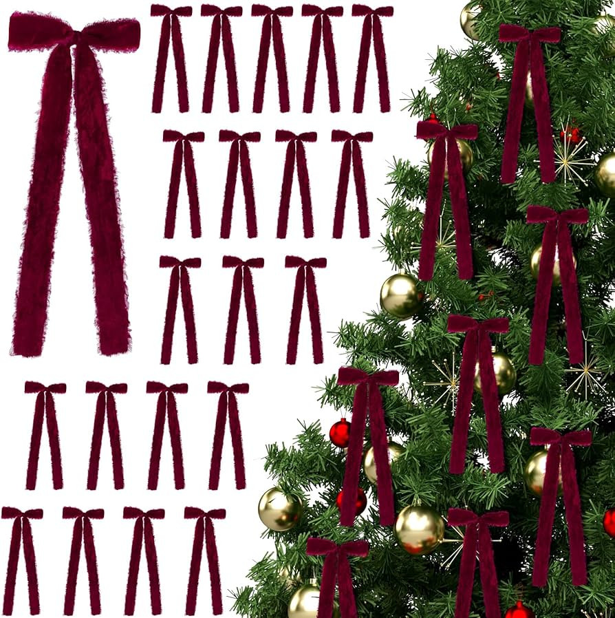 20 Pcs Velvet Christmas Bows 4.7" x 11" Pre Tied Handmade Fringe Velvet Ribbon Bows Rustic Crafts... | Amazon (US)