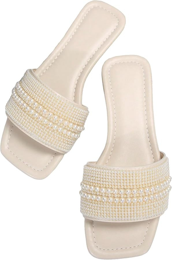 Verdusa Women's Pearls Open Toe Flat Sandals Slip One Slides Outdoor Sandals | Amazon (US)