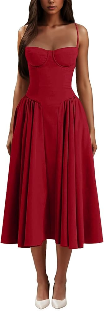 Generic Floral Corset Dress for Women Formal Sleeveless Spaghetti Strap Midi Dresses Pleated Hem ... | Amazon (US)