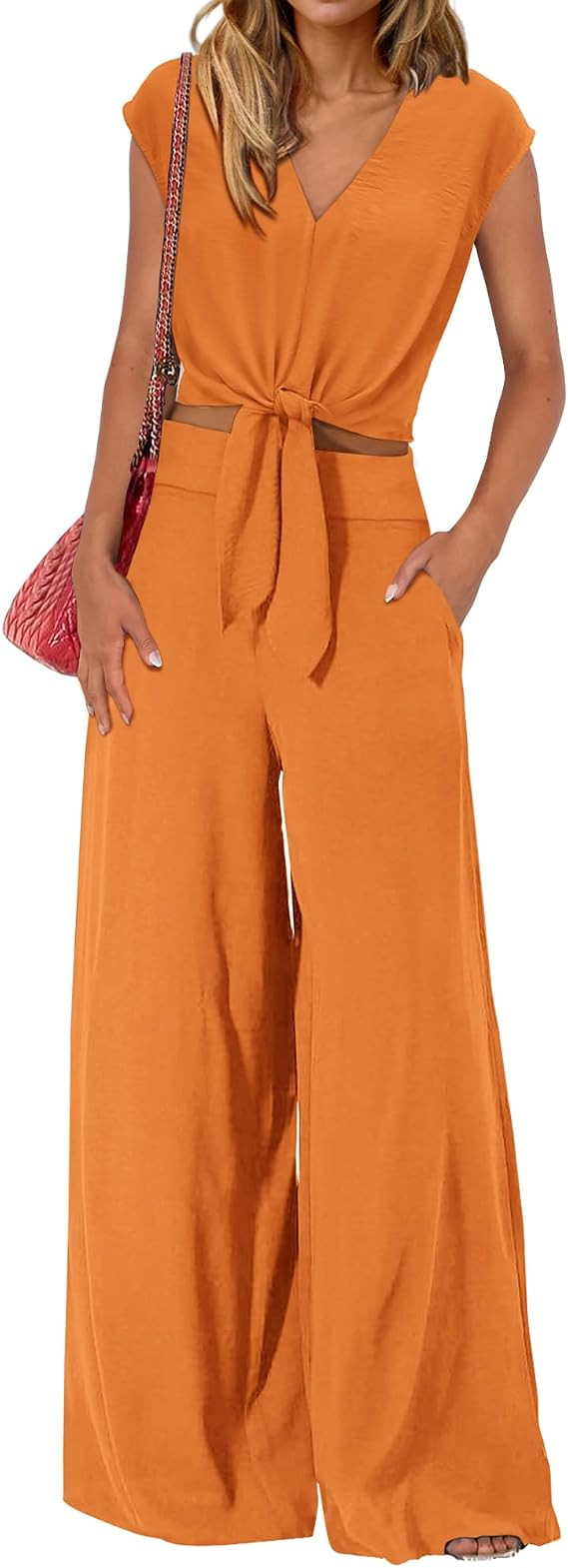 PRETTYGARDEN Womens Summer 2 Piece Outfits 2026 Tracksuit | Trendy Cap Sleeve V Neck Belted Crop ... | Amazon (US)