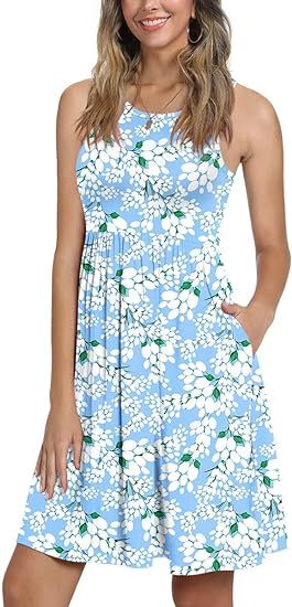 LONGYUAN Women 2022 Summer Dresses Sundress Sleeveless Beach Dress Casual Cover Up with Pockets | Amazon (US)