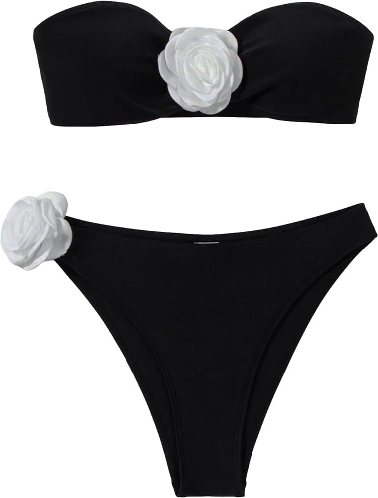 SHENHE Women's 2 Piece Bandeau Bikini Set High Cut Strapless Floral Swimsuit Bathing Suit | Amazon (US)