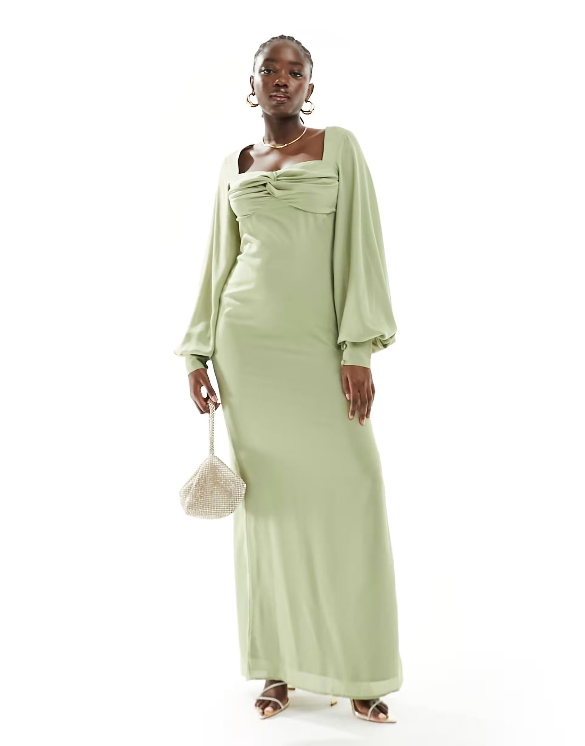 Pretty Lavish Bridesmaid balloon sleeve maxi dress in olive | ASOS (Global)