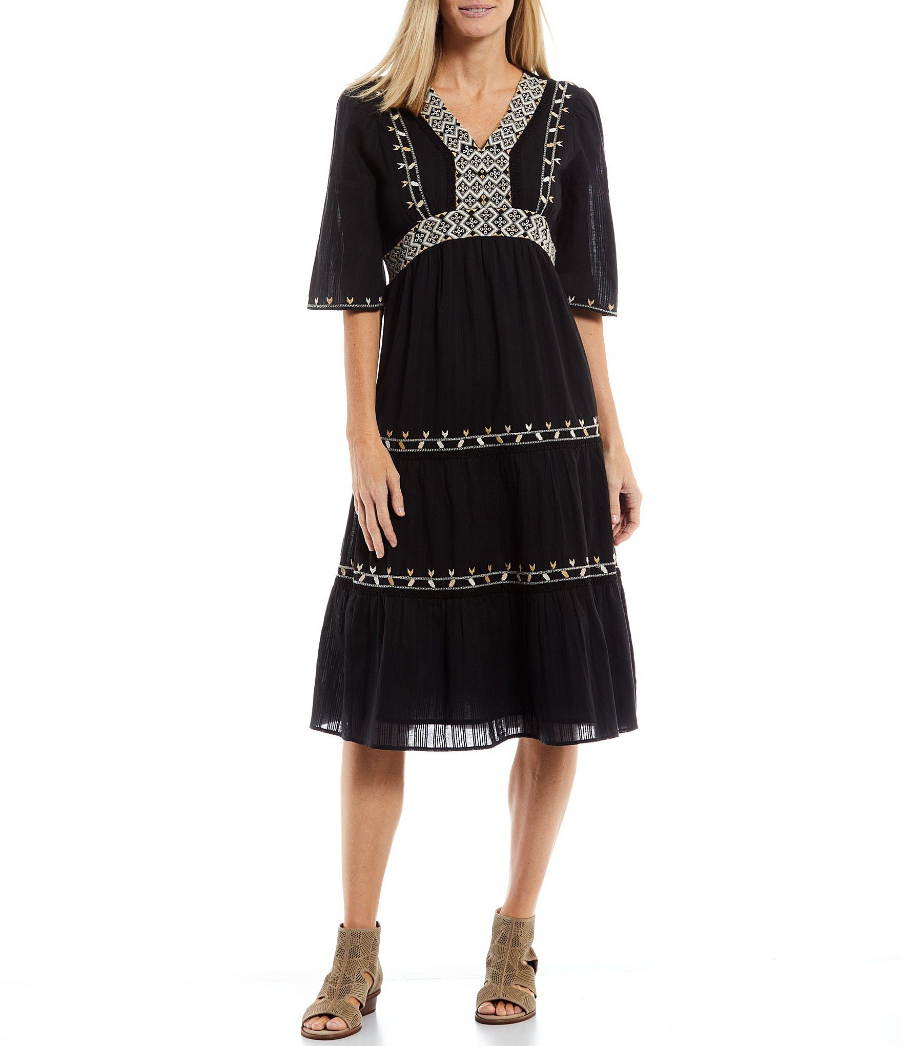 Reba V-Neck 3/4 Sleeve Embroidered Midi Dress | Dillard's | Dillard's