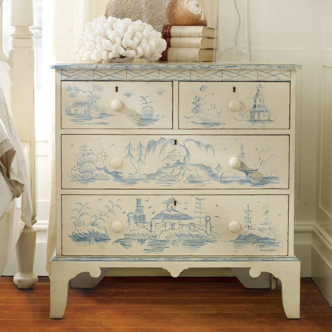 Hand Painted Cream Chest with Blue Toile Designs | The Well Appointed House, LLC