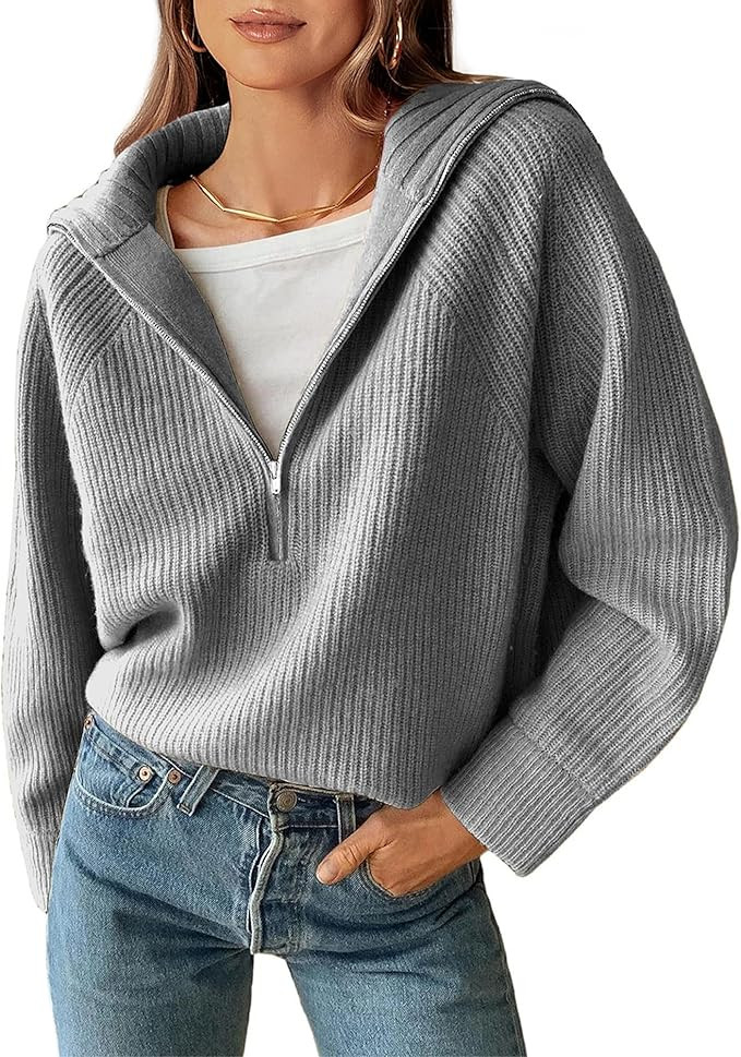 BTFBM Womens Sweaters Quarter Zip Pullover V Neck Collar Long Sleeve Ribbed Knit Loose Casual 202... | Amazon (US)