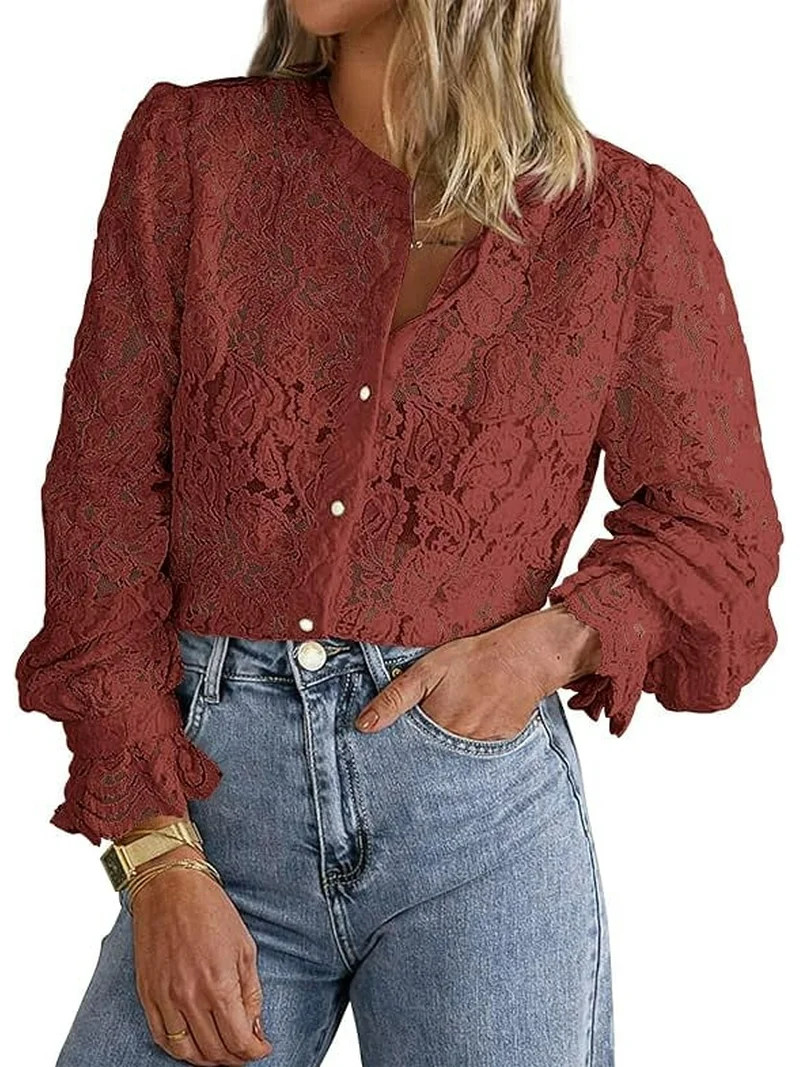 PRETTYGARDEN Women's Dressy Casual Lace Blouse Long Sleeve Button Up Shirts Tops Spring Fall Fash... | Walmart (US)