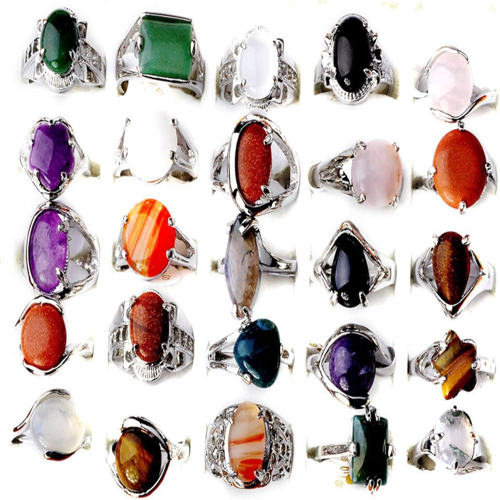 Nongkhai shop CH Wholesale Jewelry Lots 10pcs Natural Stone Silver Plated Rings | Amazon (US)