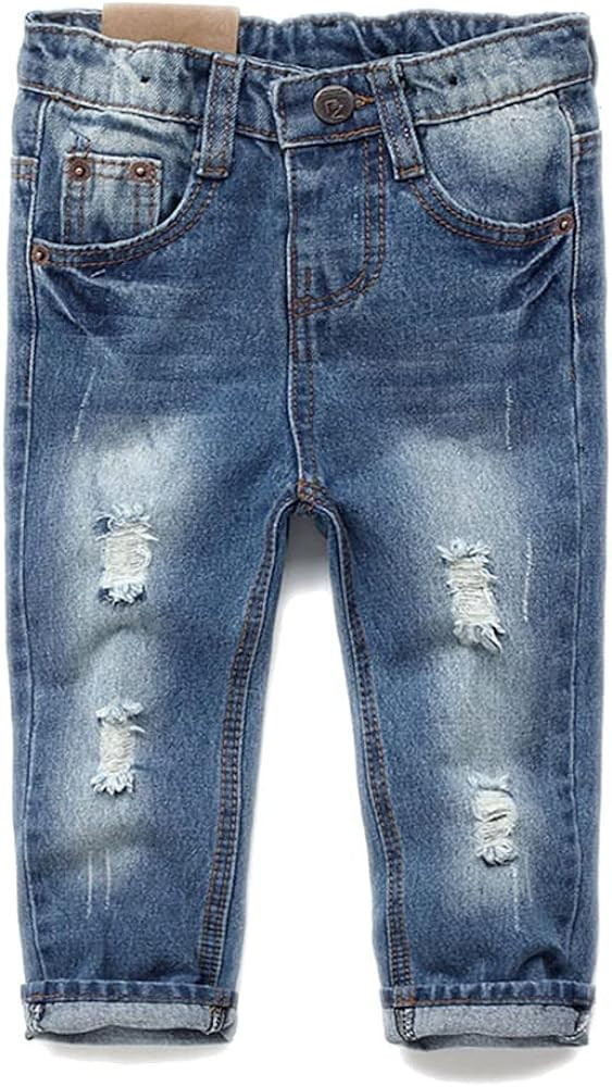 Amazon.com: KIDSCOOL SPACE Baby Girl Boy Jeans,Little Kid Elastic Band Inside Ripped Denim Pants,... | Amazon (US)
