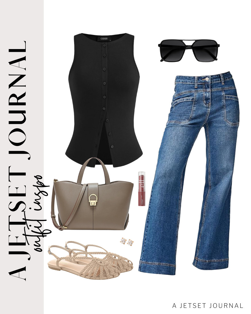 The last outfit idea is a combo of a black button-down tank from CIDER and wide-leg jeans. You can use this top-handle bag and SOJOS aviator sunnies for this fit. Step into these braided flat sandals from PIZZ ANNU and finish the look with these stud earrings.

#LTKSeasonal #LTKSaleAlert #LTKTravel
 

 