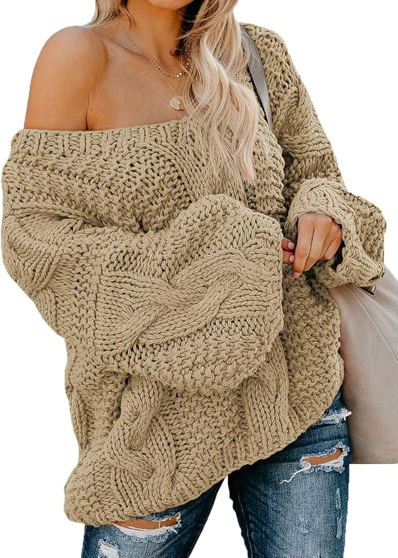 Astylish Women Sexy Long Sleeve Off Shoulder Loose Cable Knit Pullover Sweater | Amazon (US)