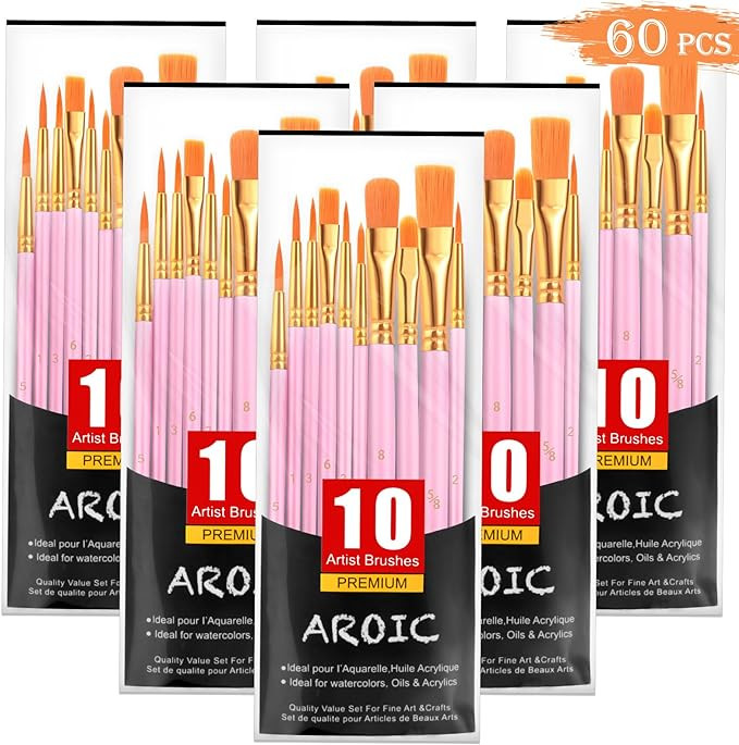 AROIC Acrylic Paint Brushes, 6 Packs/60 pcs Nylon Hair Paint Brush Set for All Purpose Oil Waterc... | Amazon (US)