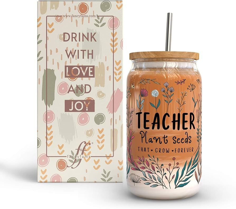 Fancyfams Teacher Cup, 16 oz Glass Cup with Bamboo Lids, Best Teacher, Birthday Gifts, Teachers I... | Amazon (US)