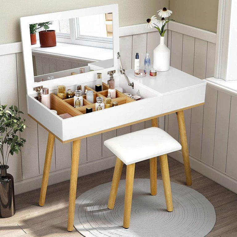 BackH White Vanity Set with Flip Top Mirror, Modern Makeup Desk for Bedroom | Walmart (US)