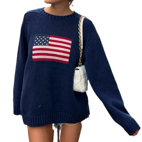 Womens American Flag Sweater Long Sleeve Crew Neck Star Graphic Knit Pullover Tops Casual Loose USA Sweater (Navy Blue, S) | Amazon (US)