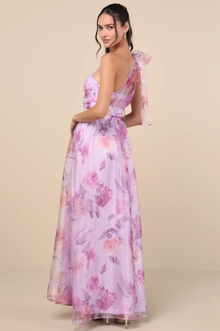 Dramatically Lovely Lavender Floral One-Shoulder Maxi Dress | Lulus