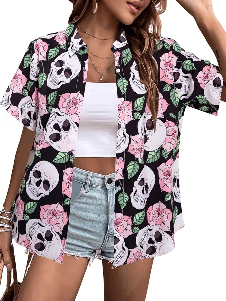 Halloween Shirt Women Funny Pumpkins Skull Print Short Sleeve Button Down Blouses Hawaiian Holida... | Amazon (US)