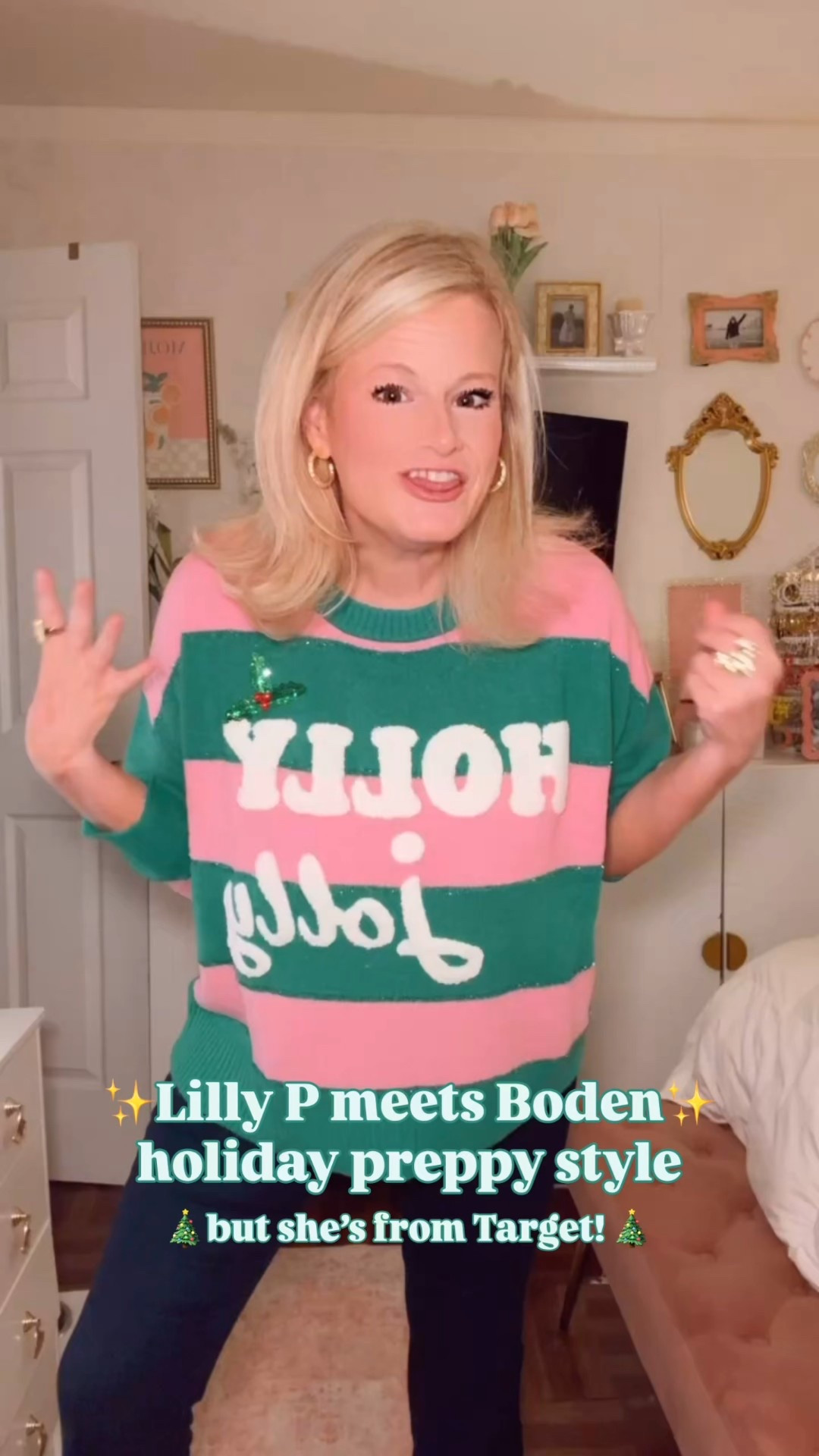 ✨ Preppy Holiday Sweater | Lilly Pulitzer Meets Boden 🎀 Pink & Green Christmas Look | Target Style ✨

Color-loving girlies — rejoice 🎄💗💚
If holiday style to you = cheerful, polished, feminine, and FUN, this sweater is your entire December personality.

She’s giving:
🎀 Lilly Pulitzer color joy
🇬🇧 Boden-coded charm & whimsy
💁‍♀️ Target budget + designer energy

Bright. Jolly. Playful. Preppy.
And absolutely refusing to do sad-neutral-holiday chic.

This is the one you wear when your Christmas aesthetic is
pink bows, champagne toasts, cookie-decorating parties, and holiday brunch — not moody cabin minimalist.

Details you’ll love:
✅ Soft + cozy knit
✅ Statement stripe & 3D detail
✅ Crop that flatters, not fights you
✅ just $35
👀 Wearing Large for the relaxed, cute, hot-chocolate-refill fit

I swear — it feels like a Palm Beach Christmas meets a London holiday market.

And we deserve joy-drenched holiday dressing, not beige elf energy.

Run — because the preppy girlies are already finding this one and it will sell out.

🎄 If you love Lilly year-round and secretly dream in Boden catalog spreads… this is your December sweater.

#PinkAndGreen #LillyPulitzer #Boden #TargetFinds #HolidaySweater #ChristmasSweater #PreppyStyle #FeminineStyle #TargetStyle

#LTKParties #LTKHoliday #LTKFindsUnder50