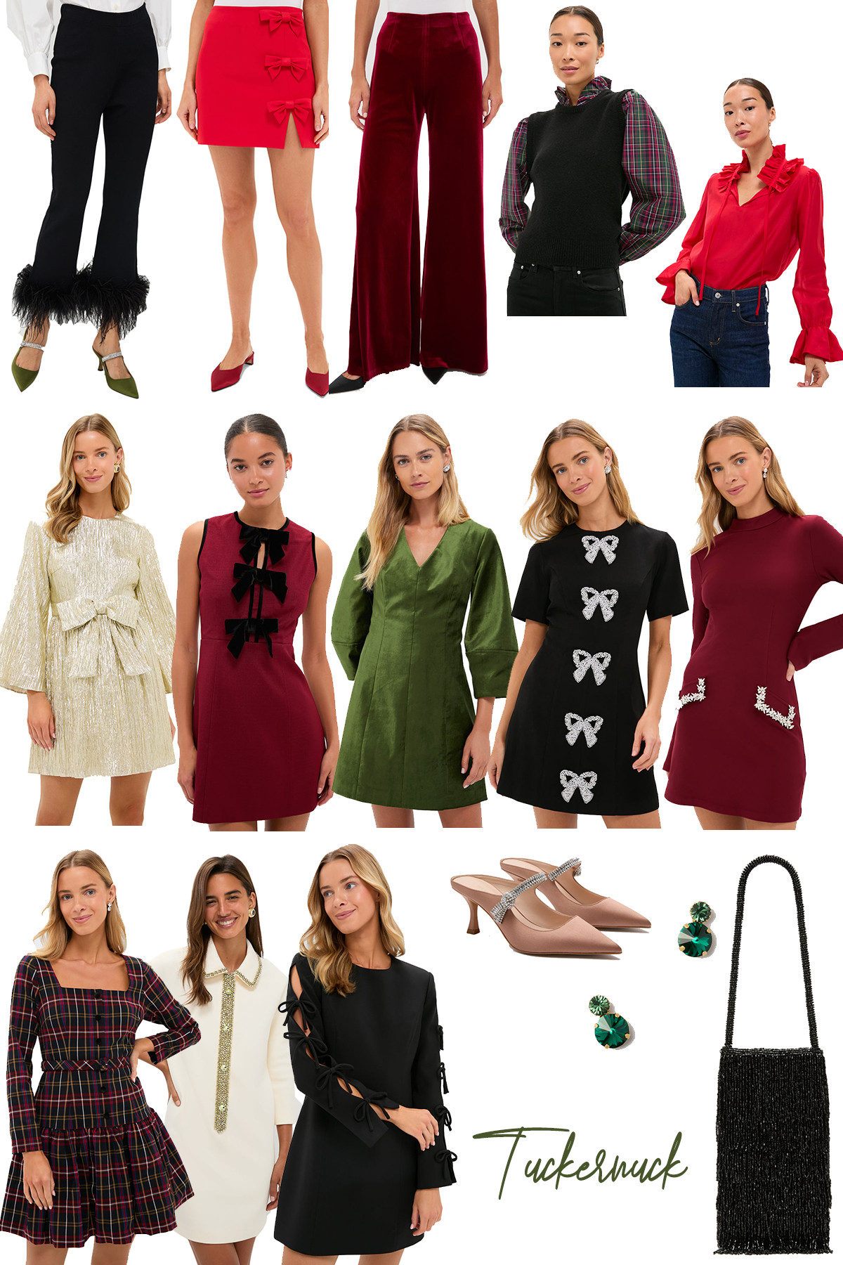 Tuckernuck Christmas Outfits

I’d describe this Tuckernuck holiday collection as “preppy glamour with a playful twist”. Key trends shown in my picks are bows as embellishments, deep jewel tones, and lots of luxe textures (velvet and sequins).

For holiday events, these pieces are designed for statement-making without being overly avant-garde: pair a bow-embellished mini-dress (like the black or burgundy options) with the glittery slingback heels for a chic party look, or opt for the elegant green velvet wide-leg trousers with the ruffled red blouse and emerald earrings for a sophisticated yet festive ensemble. 

 #LTKCyberWeek #LTKGiftGuide #LTKHoliday
