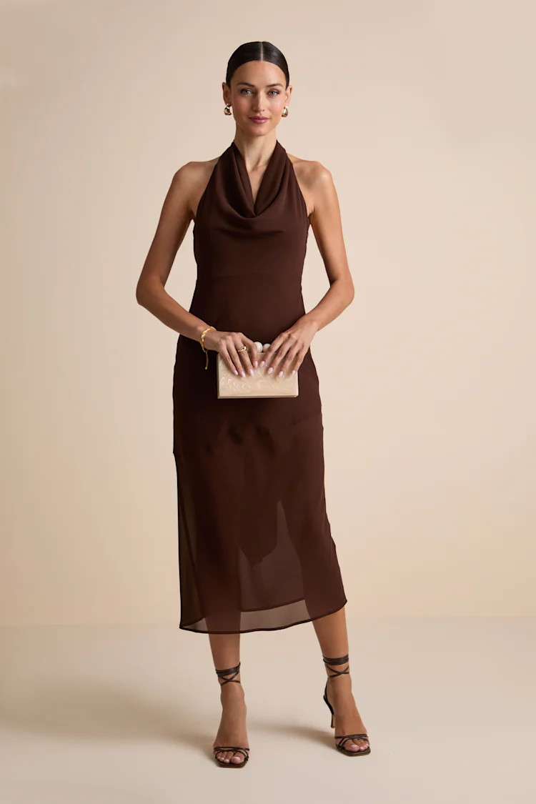 Eshai Brown Cowl Halter Midi Dress | Lulus