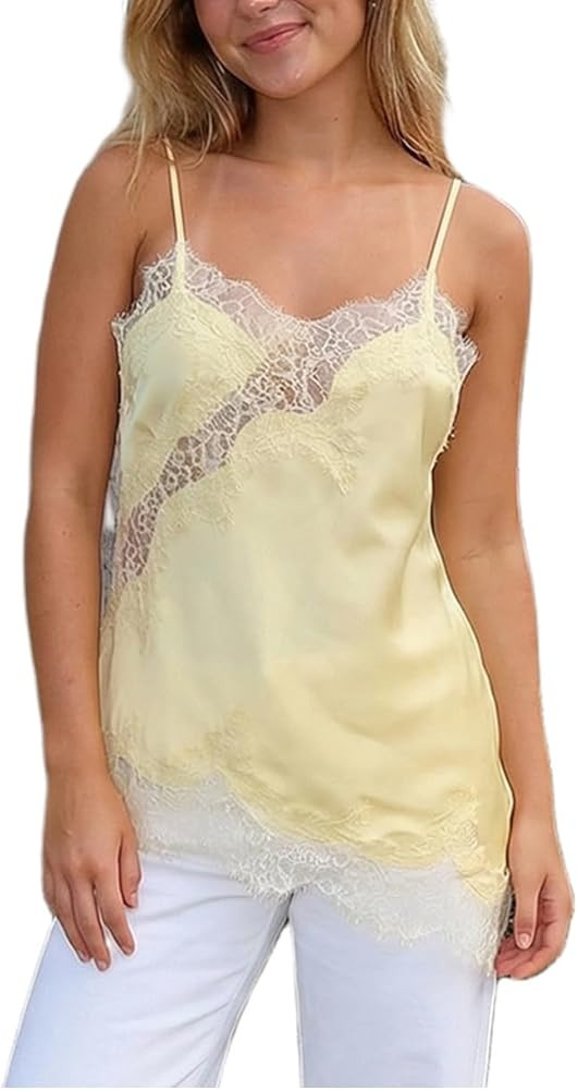 Women Long Lace Trim Spaghetti Strap Tank Silk Satin Asymmetrical Cami Top Flowy Layering Lace Sl... | Amazon (US)