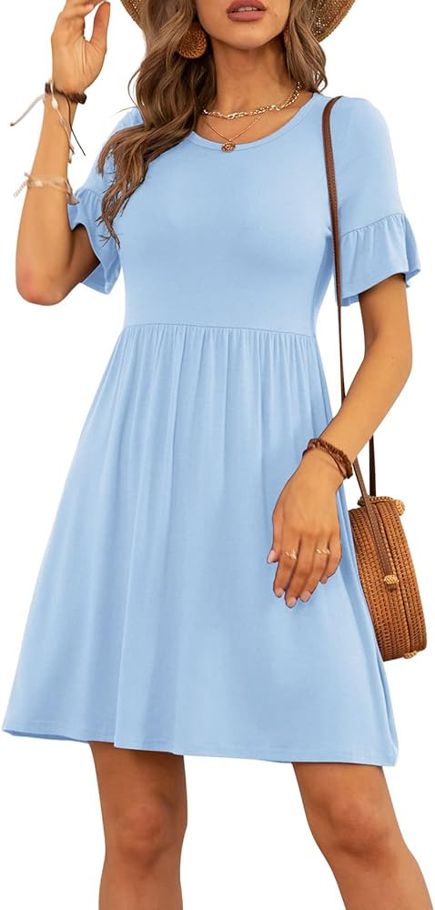 VIISHOW Women's Summer Dress Ruffle Sleeve Round Neck Mini Dress Solid Color/Floral Print Loose C... | Amazon (US)