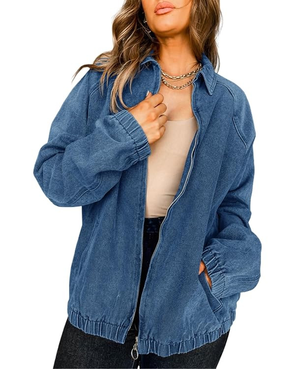 PLNOTME Womens Casual Long Sleeve Jean Jacket Trendy Front Zipper Elastic Hem Denim Jacket Coat | Amazon (US)