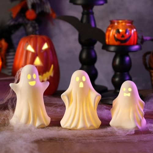 Maracco 3 Pcs Halloween Ceramic Ghost Light Up, Halloween Ghost Decor, Little White Ghost Figurine for Halloween Home Decorations Indoor | Amazon (US)