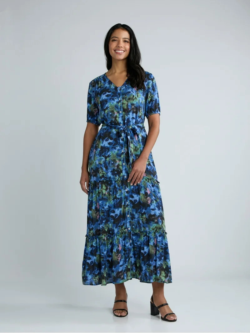 Time and Tru Women's Crinkle Maxi Dress with Short Sleeves, Sizes XS-XXXL | Walmart (US)