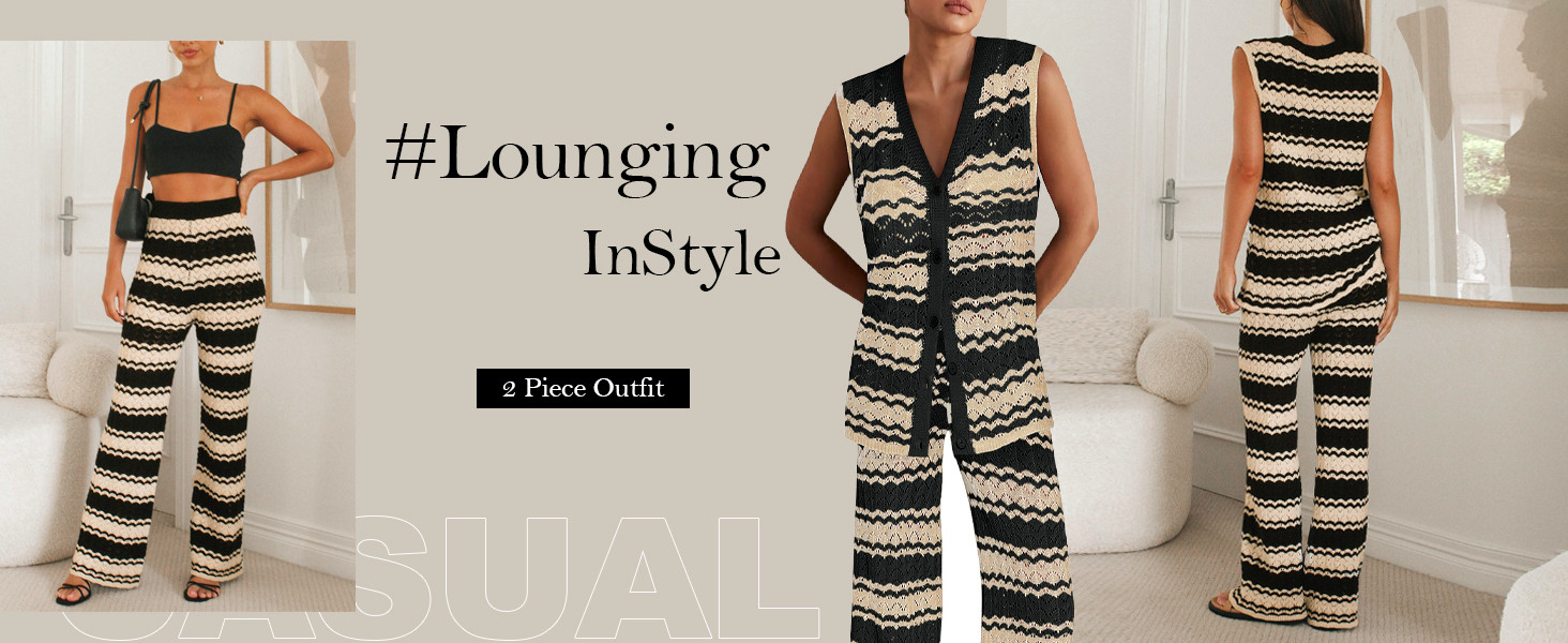 Imily Bela Womens Knit 2 Piece Sets Summer Outfits Sleeveless Vest Tops Wide Leg Pants Striped Lo... | Amazon (US)