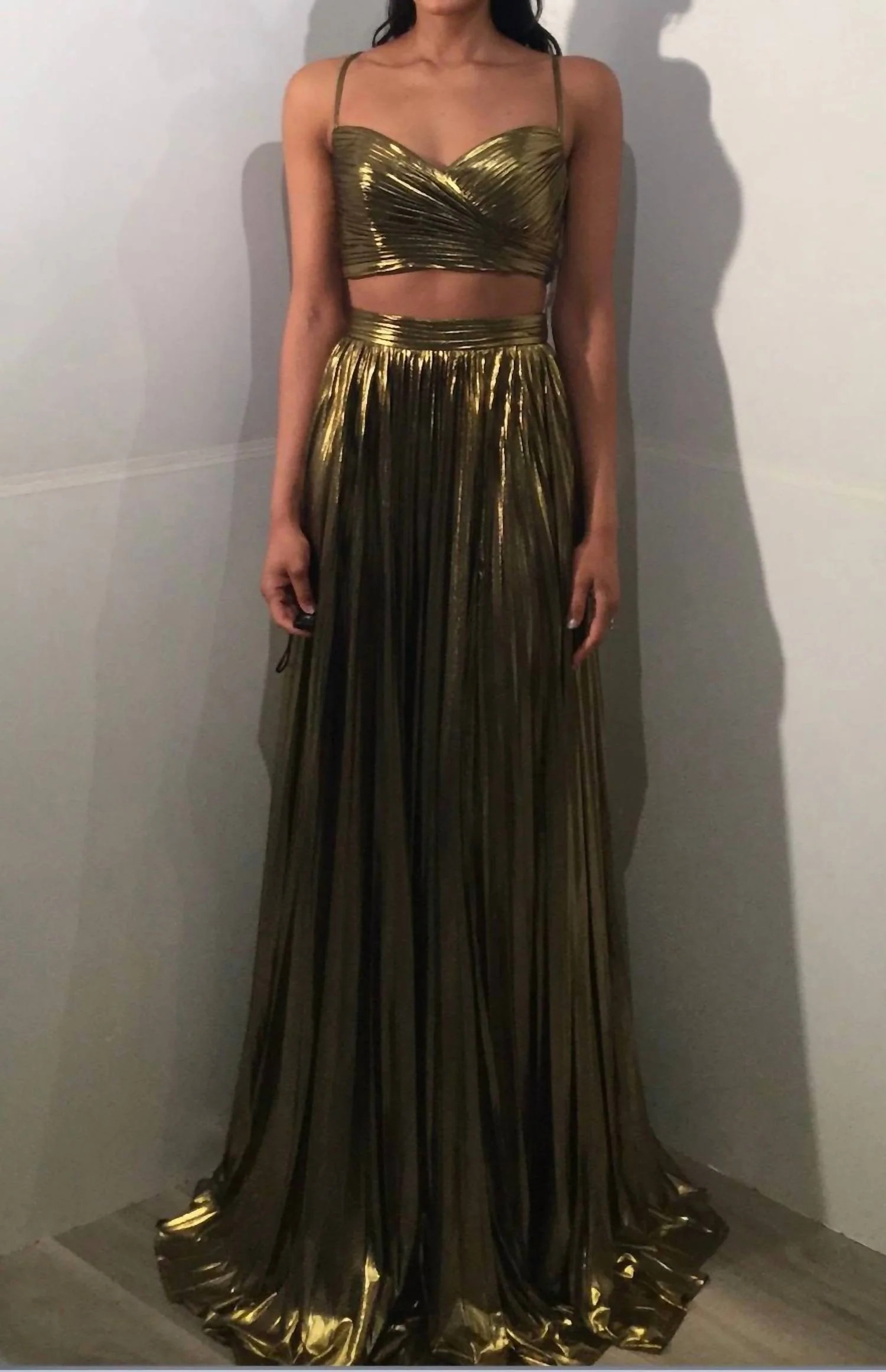 Pleated Metallic Cut Out Gown In Gold | Shop Simon