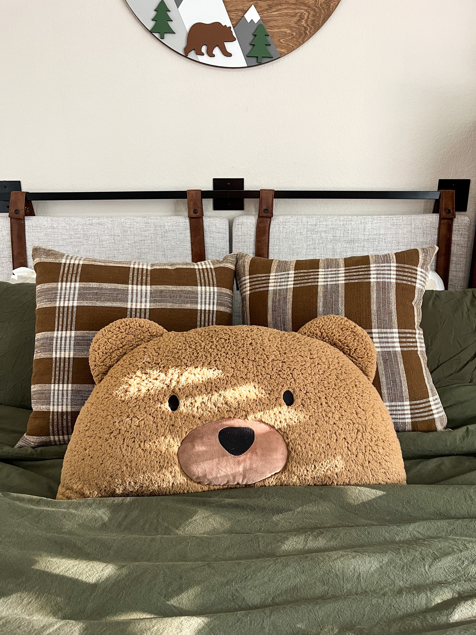 Boys woodland theme bedroom with Studio McGee plaid pillows and bear pillow  

#LTKkids #LTKfamily #LTKhome