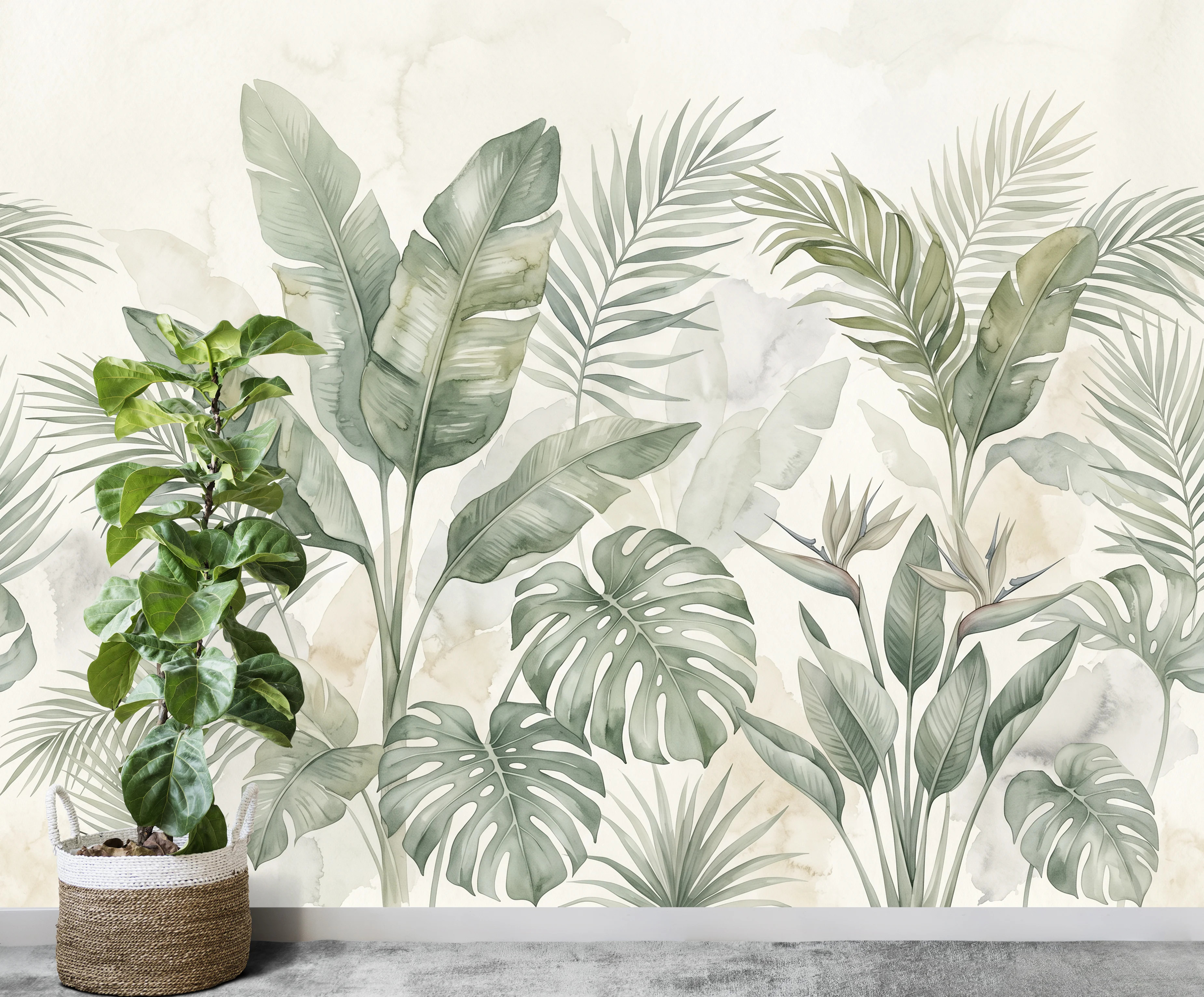 Tropical Botanical Wallpaper, Palm Leaf Wall Mural, Monstera Banana Leaf Wallpaper, Neutral Jungl... | Wayfair North America