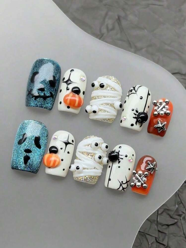 10pcs/Set Handmade Acrylic Press On Nails Mid-Length Square Nails,Halloween Nails , Gothic Style Nails,Punk Nails,Ghoul Zombie Bandaged ,3D Stereo Eye,3D Spider, Spider Web, Ghost Face, Rays; Nails,Detachable Nails, Nail Supplies Nail Art,Suitable Party, Dance, Daily Wear, Student Party, Press-On And Reusable, With Glue And Nail File Nail Supplies(Random Style) | SHEIN