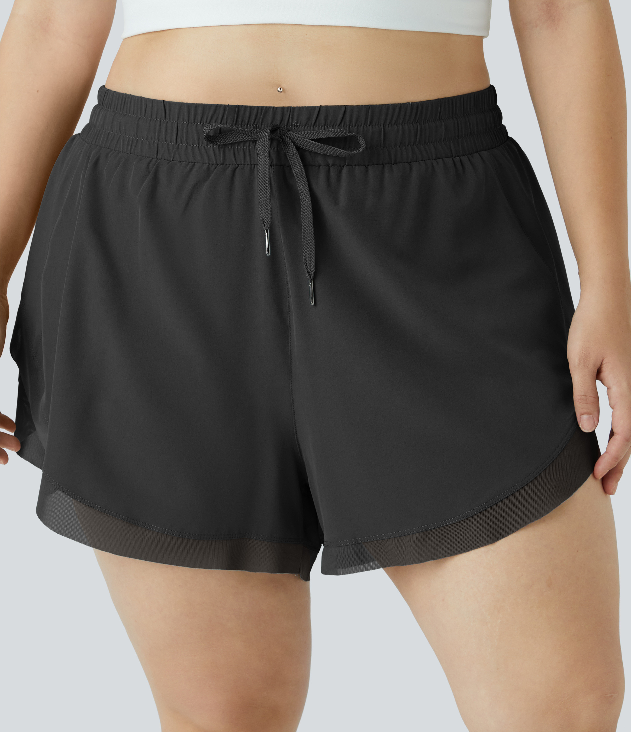 Halara Drawstring Contrast Mesh 2-in-1 Plus Size Shorts 4" Gym Short - Black - 1X booty shorts compression shorts yoga shorts | HALARA