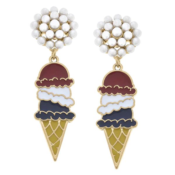 4th of July Ice Cream Cone Pearl Cluster Enamel Earrings in Red and Blue | CANVAS