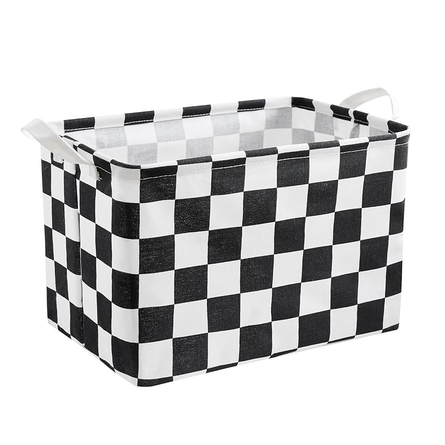 Black White Checkered Canvas Basket, Rectangular Organizing Decorative Storage Basket for Kids Do... | Amazon (US)
