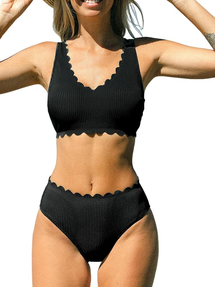 CUPSHE Women's Bikini Sets Two Piece Swimsuit Textured Mid Rise Scalloped V Neck Adjustable Strap... | Amazon (US)