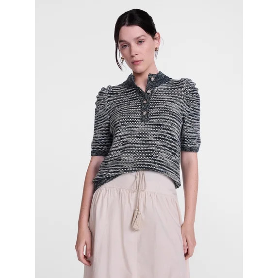 Scenario Women's and Women's Plus Henley Sweater with Puff Sleeves, Lightweight, Sizes XS-4X | Walmart (US)