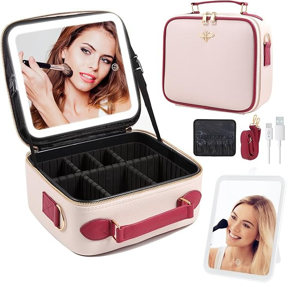Travel Makeup Bag with Mirror of LED Lighted, Rechargeable Cosmetic Train Case Artist Makeup Orga... | Amazon (US)