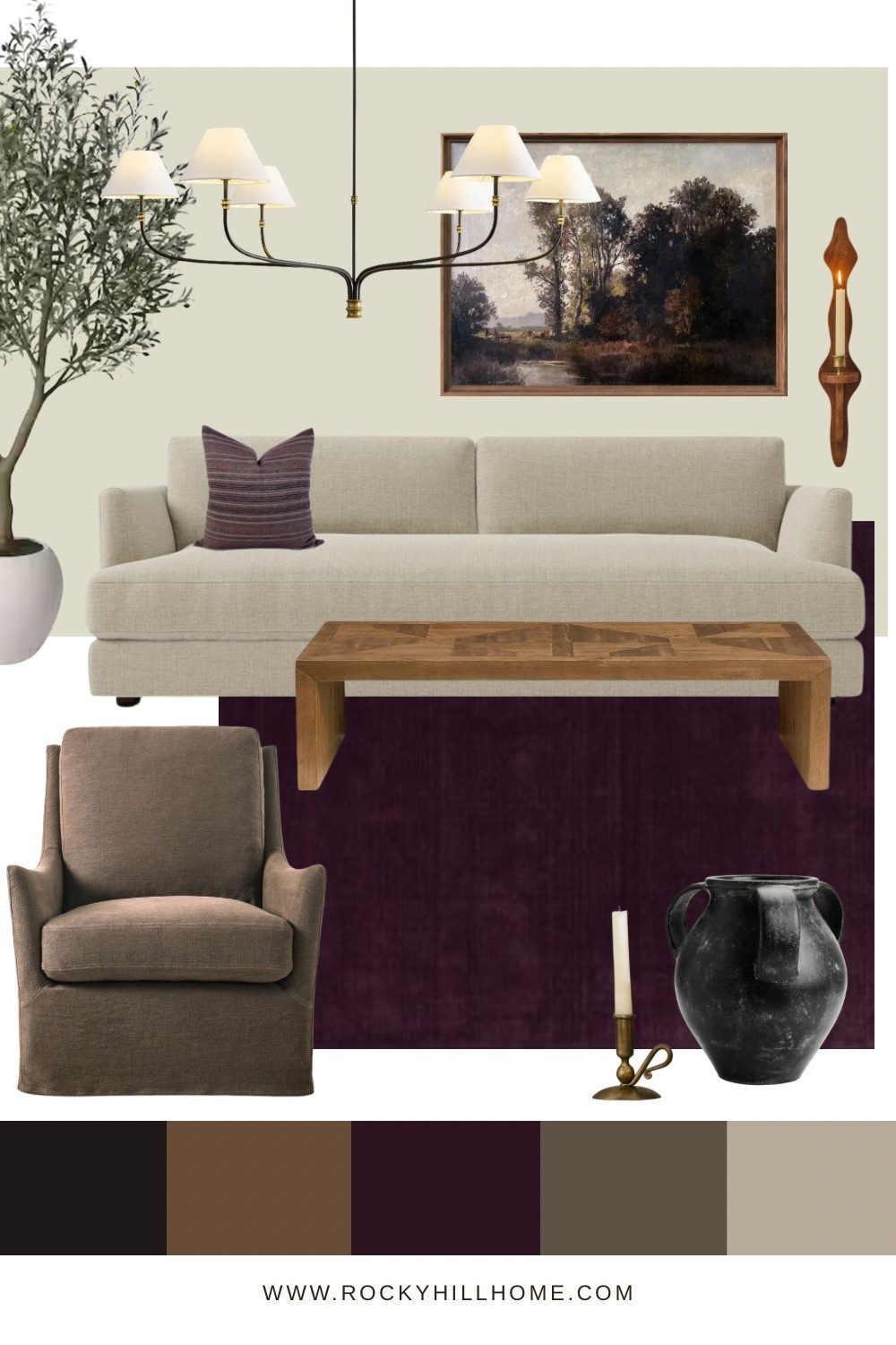 I’m loving the contrast of eggplant purple in this neutral living room mood board. 

vintage art, slipcovered glider chair, amber interiors, west elm beige sofa, pottery barn coffee table, magnolia decor

#LTKHome