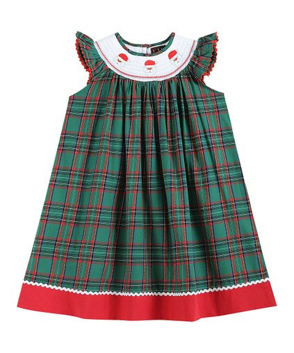 Navy &amp; Green Plaid Santa Smocked Angel-Sleeve Dress - Infant, Toddler &amp; Girls | Zulily