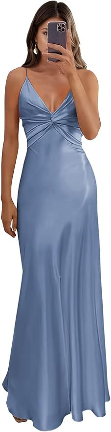 Women's Silk Satin Prom Dresses for Teens V Neck Long Ruched Halter Corset Formal Dress Evening G... | Amazon (US)