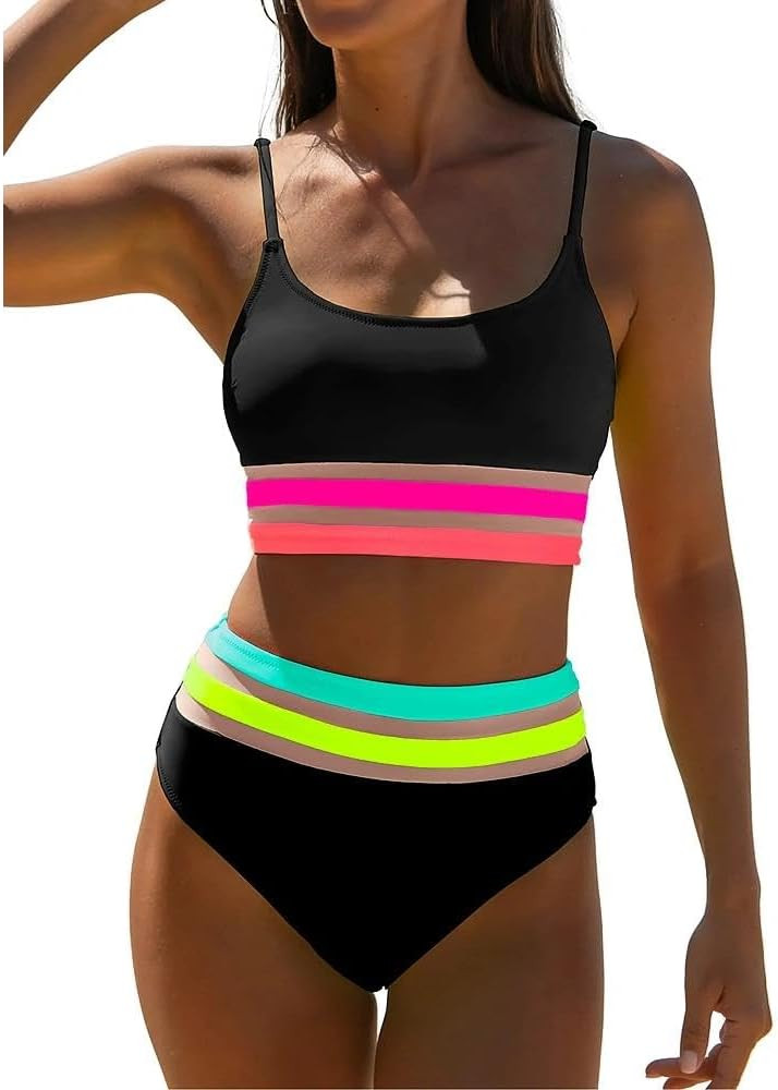 popvil Women's High Waisted Bikini Sets Neon Modest Two Piece Swimsuit 2026 Full Coverage Adjusta... | Amazon (US)