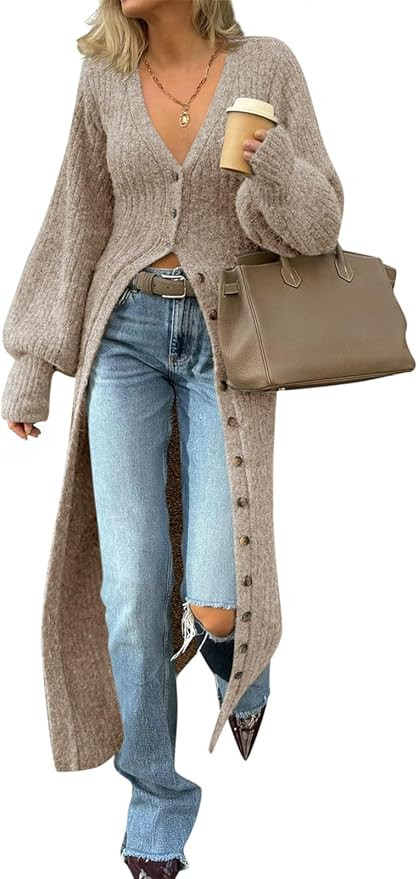 Saodimallsu Womens Long Cardigans V Neck Button Down Chunky Knit Dusters Sweater Coat Fall Trendy... | Amazon (US)