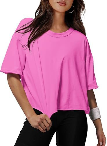XIEERDUO Cotton Tshirts for Women Drop Shoulder Round Neck Oversized Crop Tops Workout Tops Tees | Amazon (US)