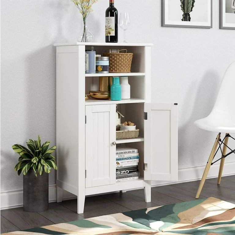 Homfa 2 Tier Shelves Bathroom Storage Cabinet, Wood Storage Floor Cabinet with 2 Doors, White | Walmart (US)