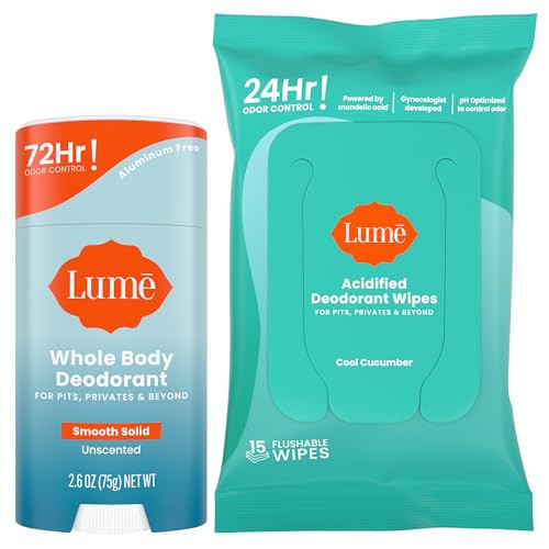 Lume Whole Body Deodorant - Smooth Solid Stick & Flushable Deodorant Wipes - Doctor Developed - Aluminum Free, Baking Soda Free, Skin Loving - 2.6 Ounce (Unscented) 15 Count Wipes (Cool Cucumber) | Amazon (US)